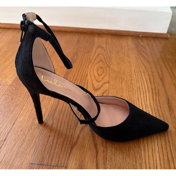 Lulus Stiletto Heels Black Suede Like Pointed Toe Ankle Strap Back Zipper 10 - Picture 8 of 11